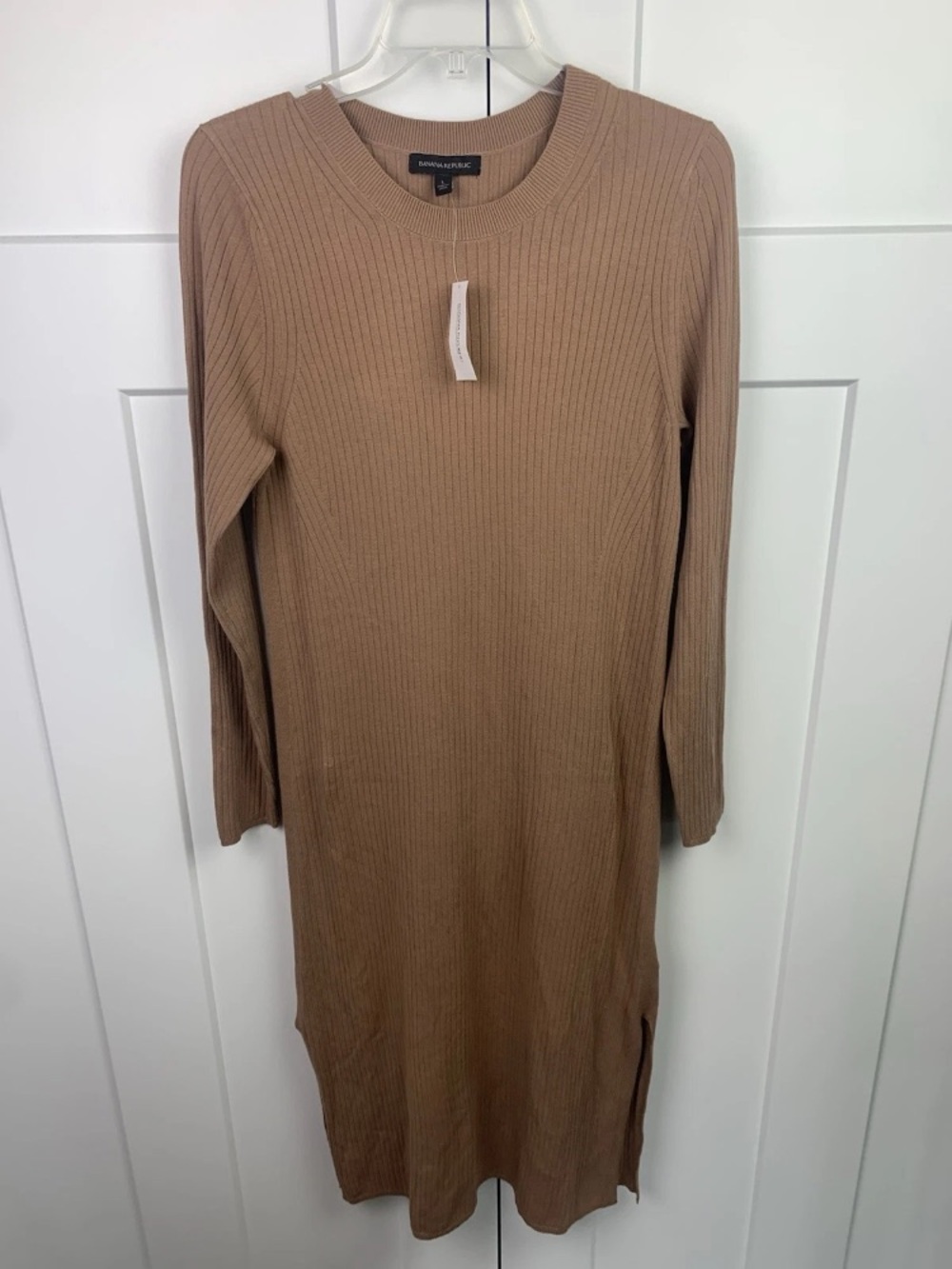 NWT Banana Republic LARGE Sweater Dress Tan Ribbed Midi Long Sleeve Boho Preppy